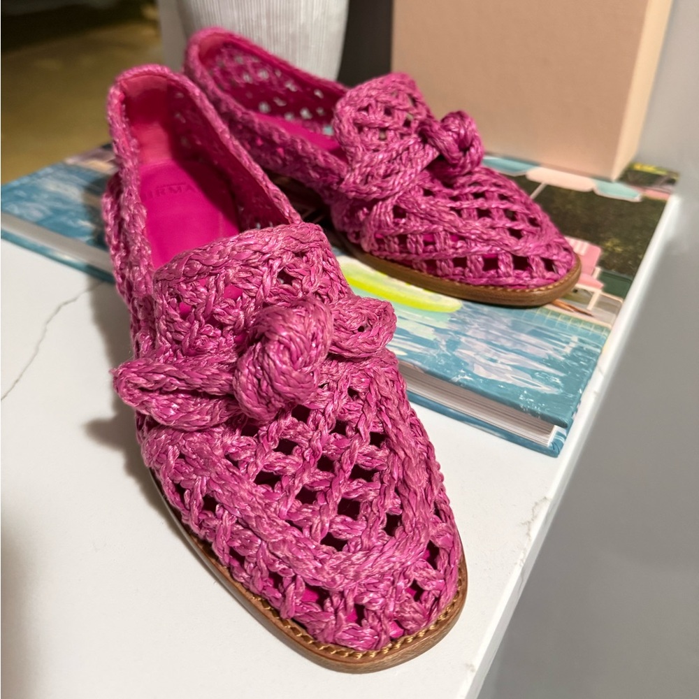 Alexandre Birman Women’s Pink Clarita Raffia Knot Loafers Ballet Flats Size 7.5